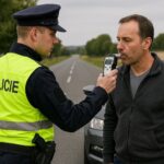 police officer conducting a breathalyzer test on a driver during a routine roadside check (AI)