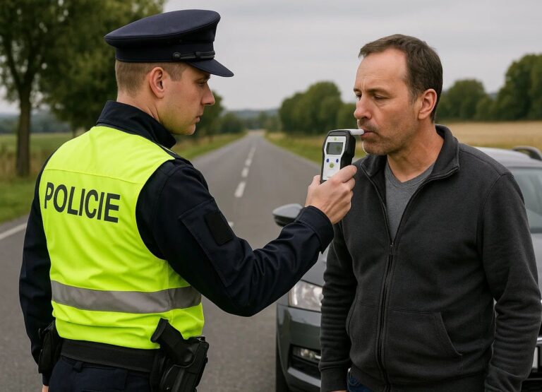 police officer conducting a breathalyzer test on a driver during a routine roadside check (AI)